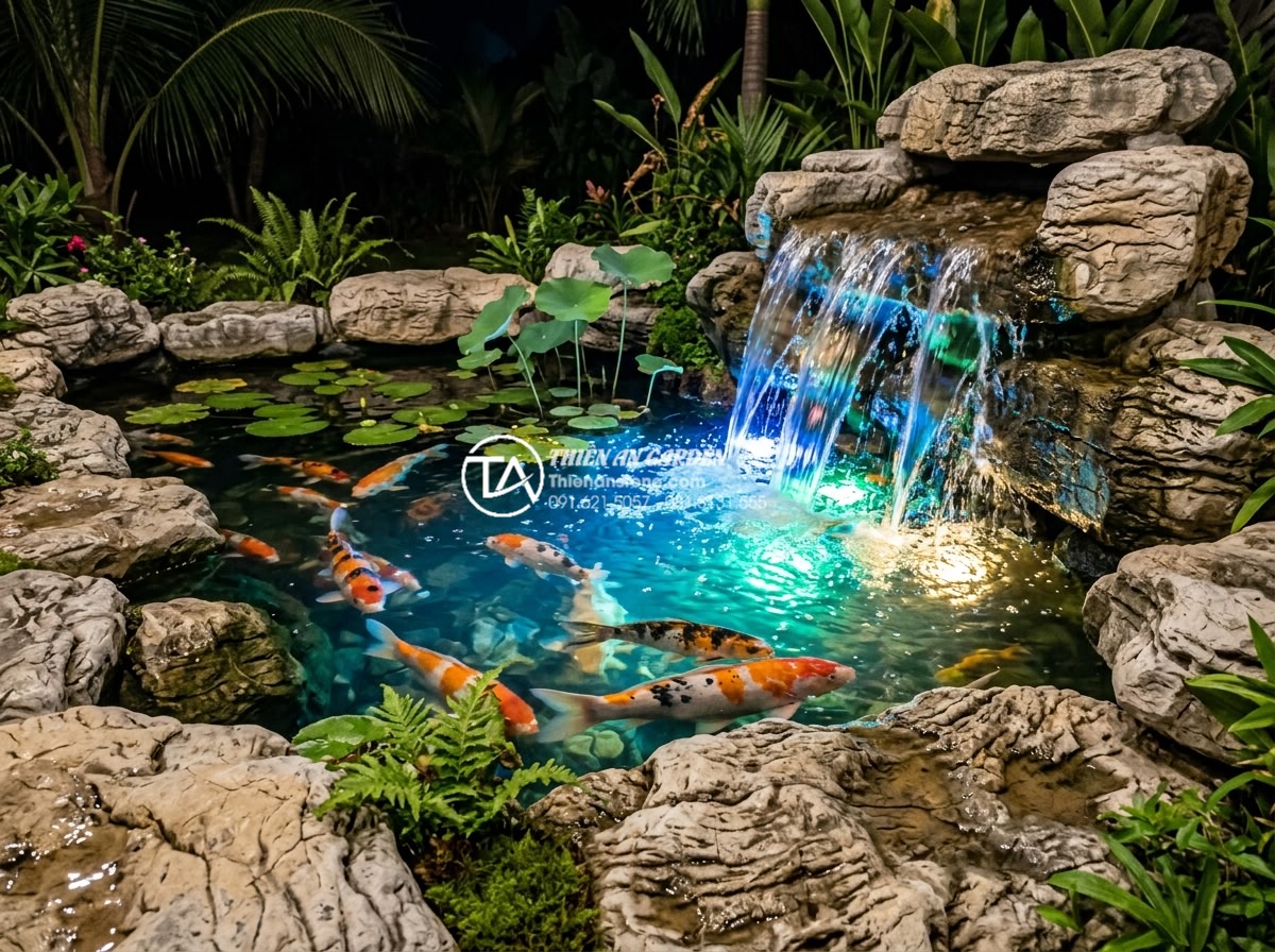Cách lắp đặt đèn LED âm nước cho tiểu cảnh nước chảy lung linh về đêm - Hình 2 Cách lắp đặt đèn LED âm nước cho tiểu cảnh nước chảy lung linh về đêm - Close-up realistic image of crystal clear water in a natural stone pond at night