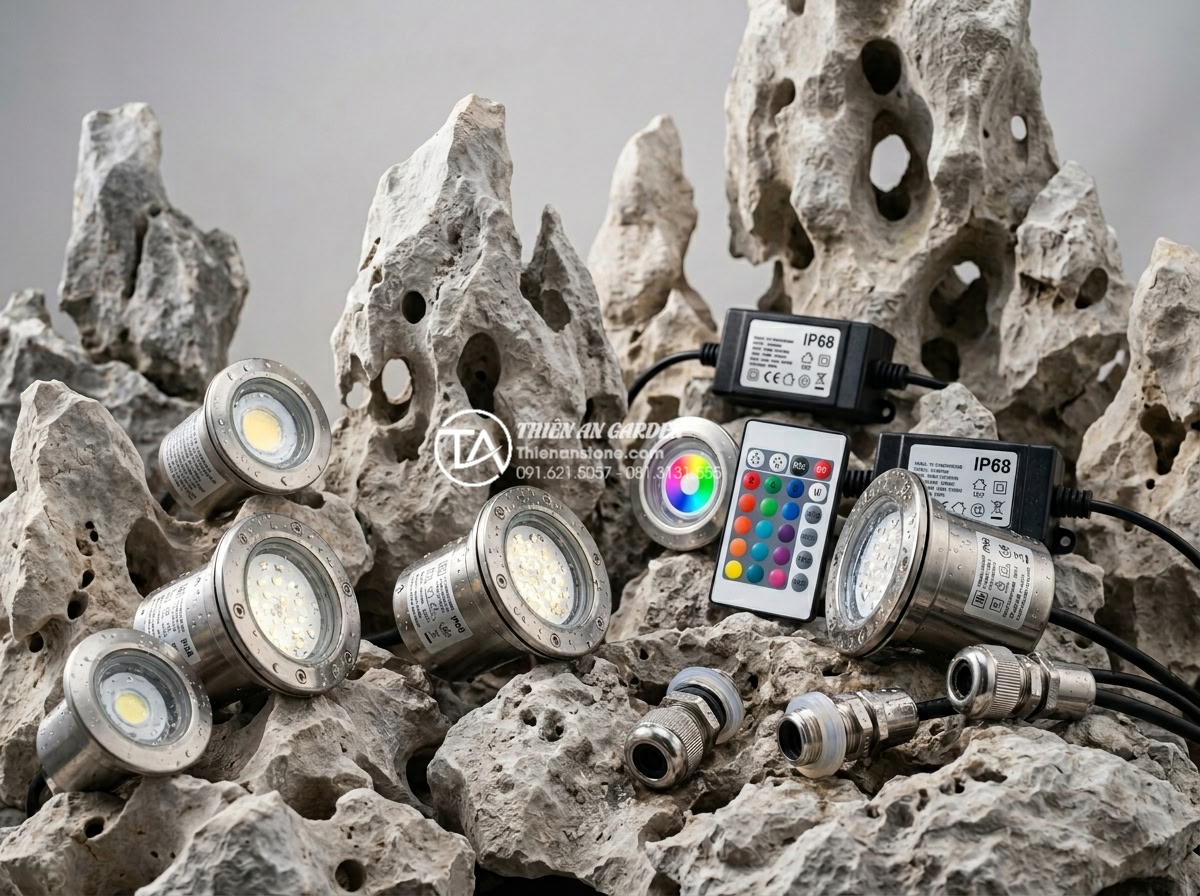 Cách lắp đặt đèn LED âm nước cho tiểu cảnh nước chảy lung linh về đêm - Hình 3 Cách lắp đặt đèn LED âm nước cho tiểu cảnh nước chảy lung linh về đêm - High-quality product shot of various waterproof LED underwater lights for garden