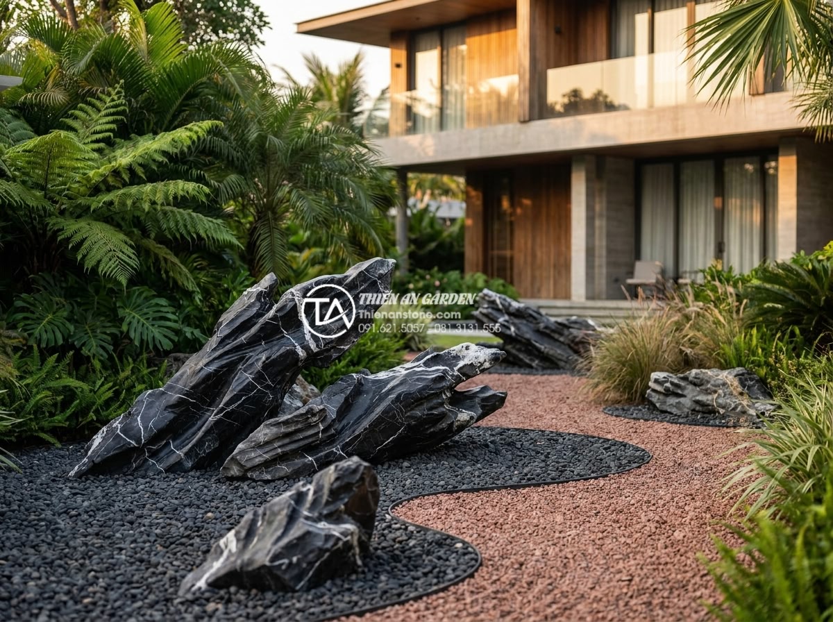 Cách phối hợp đá cuội và sỏi màu trong tiểu cảnh khô hiện đại - Hình 10 Cách phối hợp đá cuội và sỏi màu trong tiểu cảnh khô hiện đại - High-end professional photograph of a completed luxury dry landscape project fea