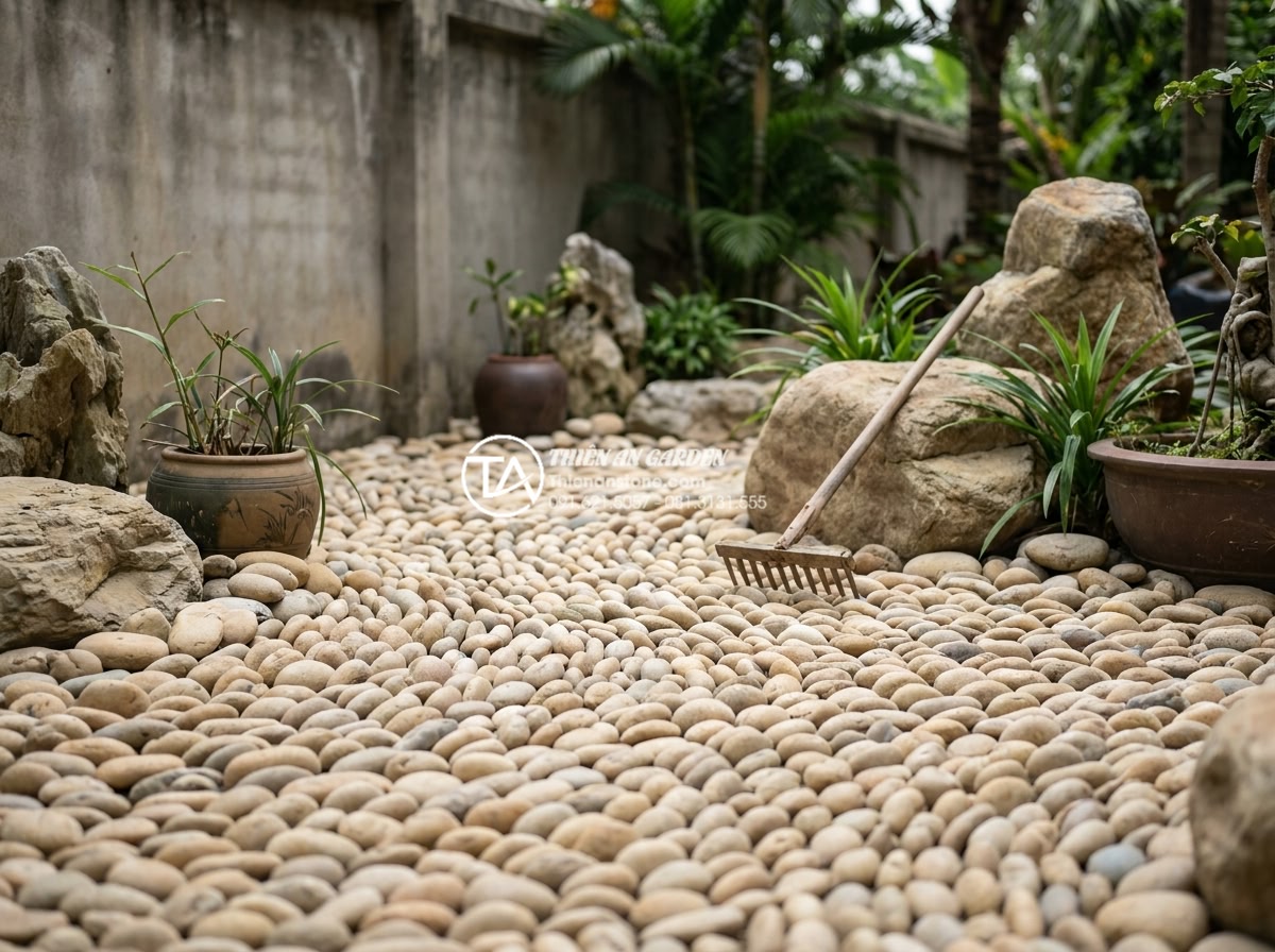 Cách phối hợp đá cuội và sỏi màu trong tiểu cảnh khô hiện đại - Hình 11 Cách phối hợp đá cuội và sỏi màu trong tiểu cảnh khô hiện đại - Expert landscape artisan arranging smooth river pebbles and colored gravel in in