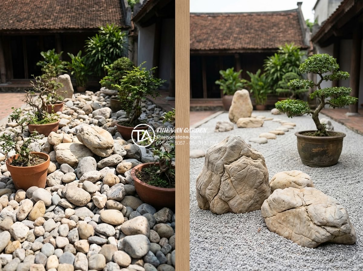 Cách phối hợp đá cuội và sỏi màu trong tiểu cảnh khô hiện đại - Hình 12 Cách phối hợp đá cuội và sỏi màu trong tiểu cảnh khô hiện đại - Before and after professional comparison image of a dry landscape project, left