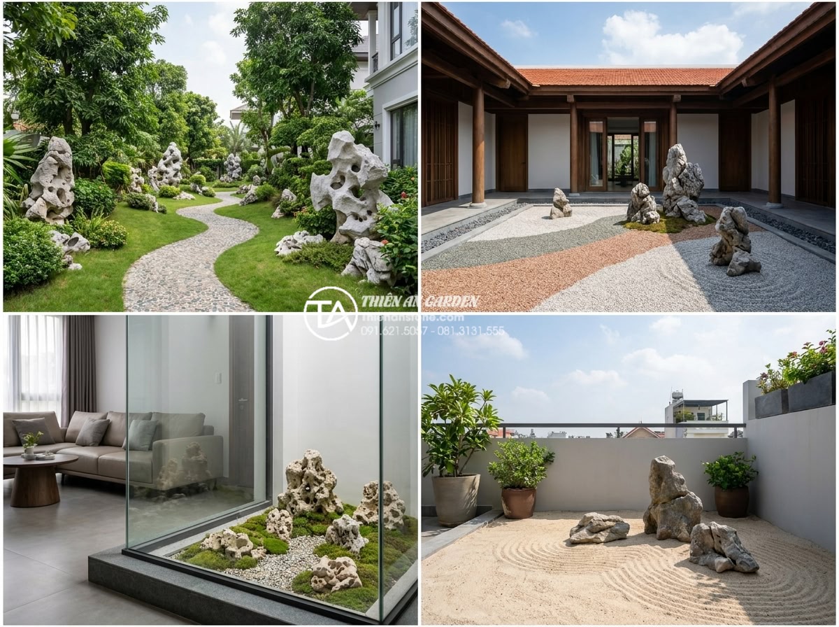 Cách phối hợp đá cuội và sỏi màu trong tiểu cảnh khô hiện đại - Hình 13 Cách phối hợp đá cuội và sỏi màu trong tiểu cảnh khô hiện đại - Versatile modern dry landscape applications collage: large villa garden with peb