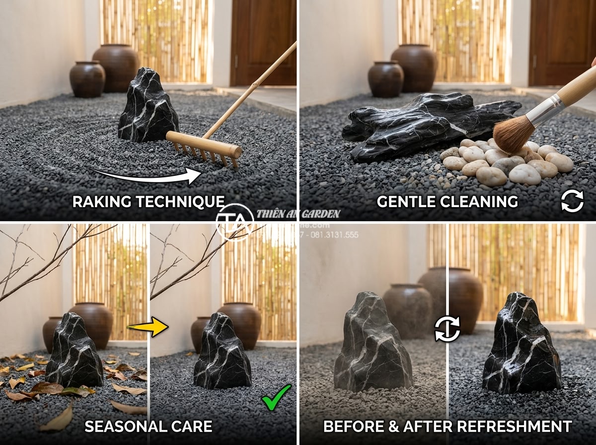 Cách phối hợp đá cuội và sỏi màu trong tiểu cảnh khô hiện đại - Hình 17 Cách phối hợp đá cuội và sỏi màu trong tiểu cảnh khô hiện đại - Professional maintenance guide visual for modern dry landscape, showing proper r
