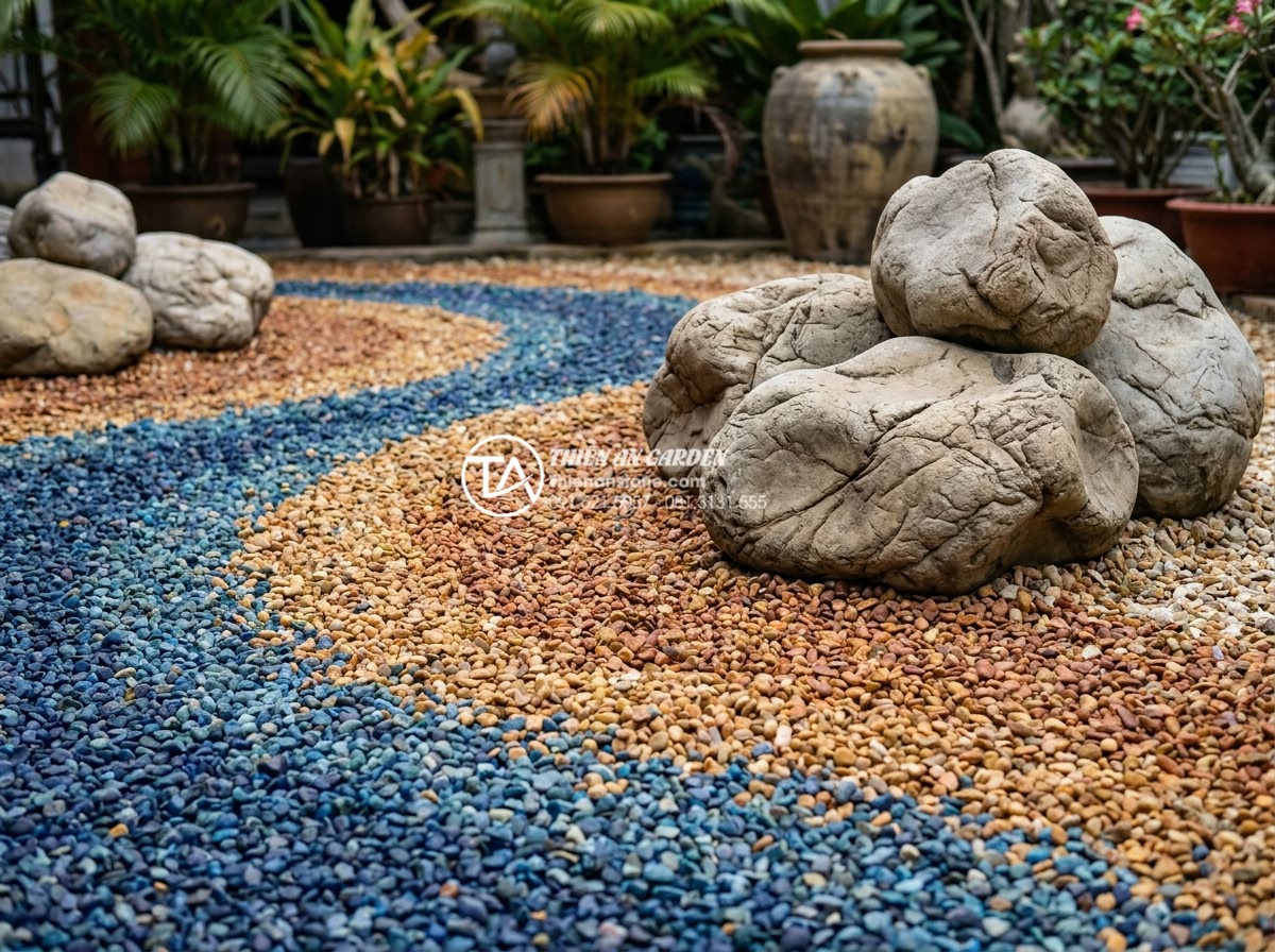 Cách phối hợp đá cuội và sỏi màu trong tiểu cảnh khô hiện đại - Hình 5 Cách phối hợp đá cuội và sỏi màu trong tiểu cảnh khô hiện đại - Vibrant modern dry garden detail showing colorful gravel in gradient transition