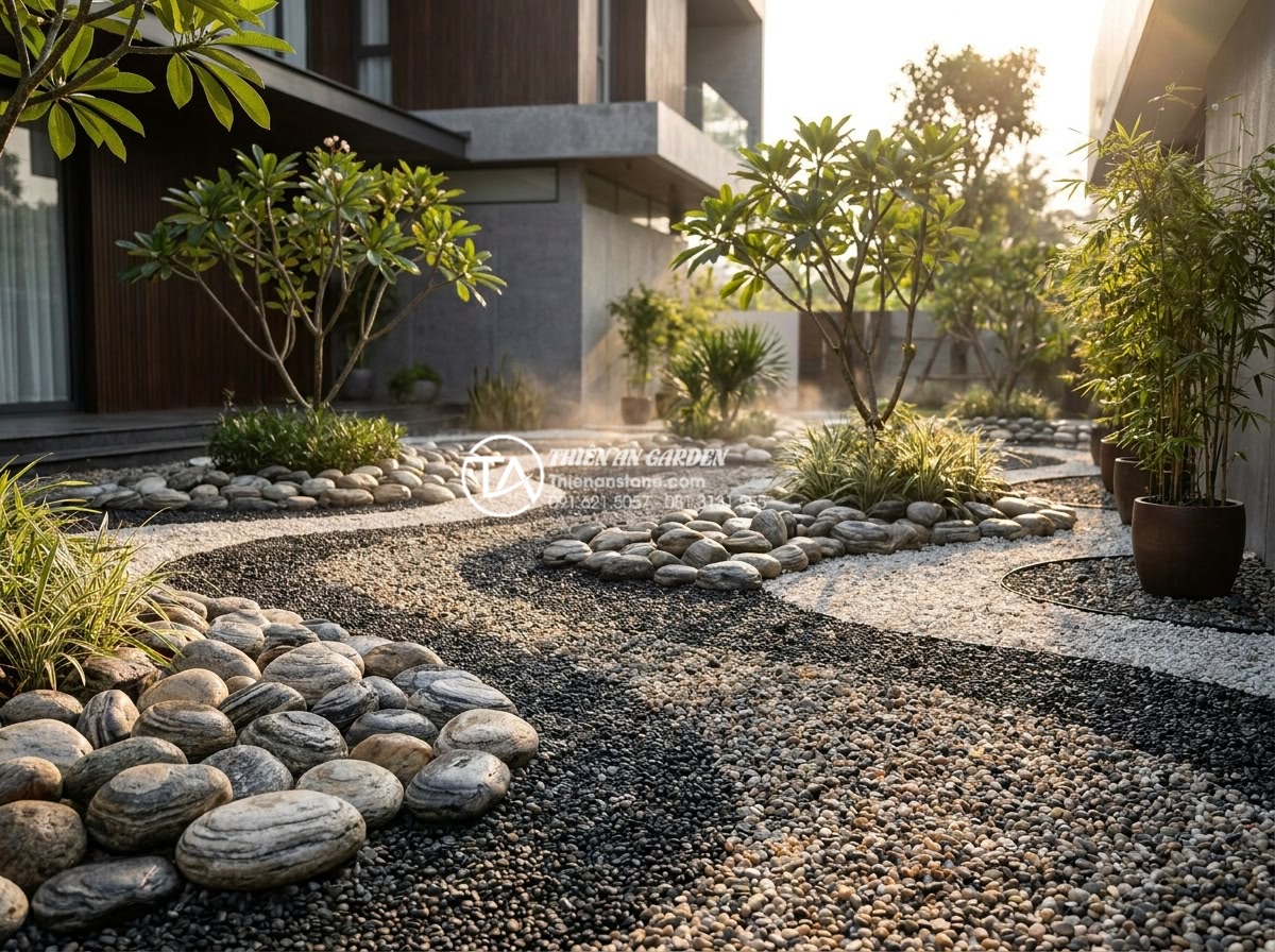 Cách phối hợp đá cuội và sỏi màu trong tiểu cảnh khô hiện đại - Hình 8 Cách phối hợp đá cuội và sỏi màu trong tiểu cảnh khô hiện đại - Professional landscape photography of a luxury modern dry garden showcasing expe