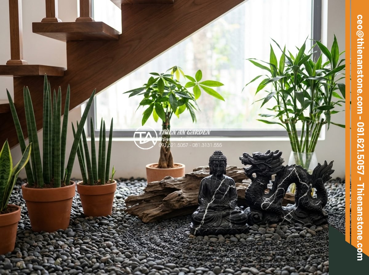 Cách thiết kế tiểu cảnh khô gầm cầu thang chuẩn phong thủy, rước tài lộc - Hình 5 Cách thiết kế tiểu cảnh khô gầm cầu thang chuẩn phong thủy, rước tài lộc - Beautiful close-up of drought-tolerant plants and hand-carved natural stone acce