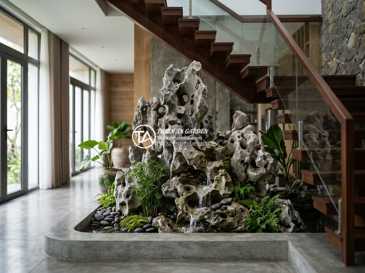 Cách thiết kế tiểu cảnh nước gầm cầu thang hóa giải 'điểm chết' trong kiến trúc - Elegant water feature under staircase using natural carved stones and flowing wa