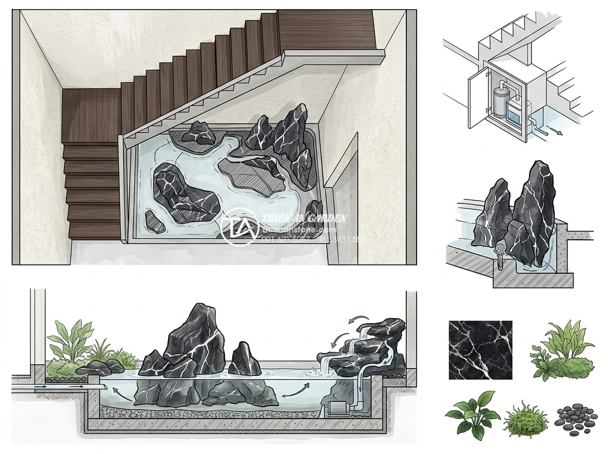 Cách thiết kế tiểu cảnh nước gầm cầu thang hóa giải 'điểm chết' trong kiến trúc - Hình 12 Cách thiết kế tiểu cảnh nước gầm cầu thang hóa giải 'điểm chết' trong kiến trúc - Step-by-step architectural planning for natural stone water garden under residen