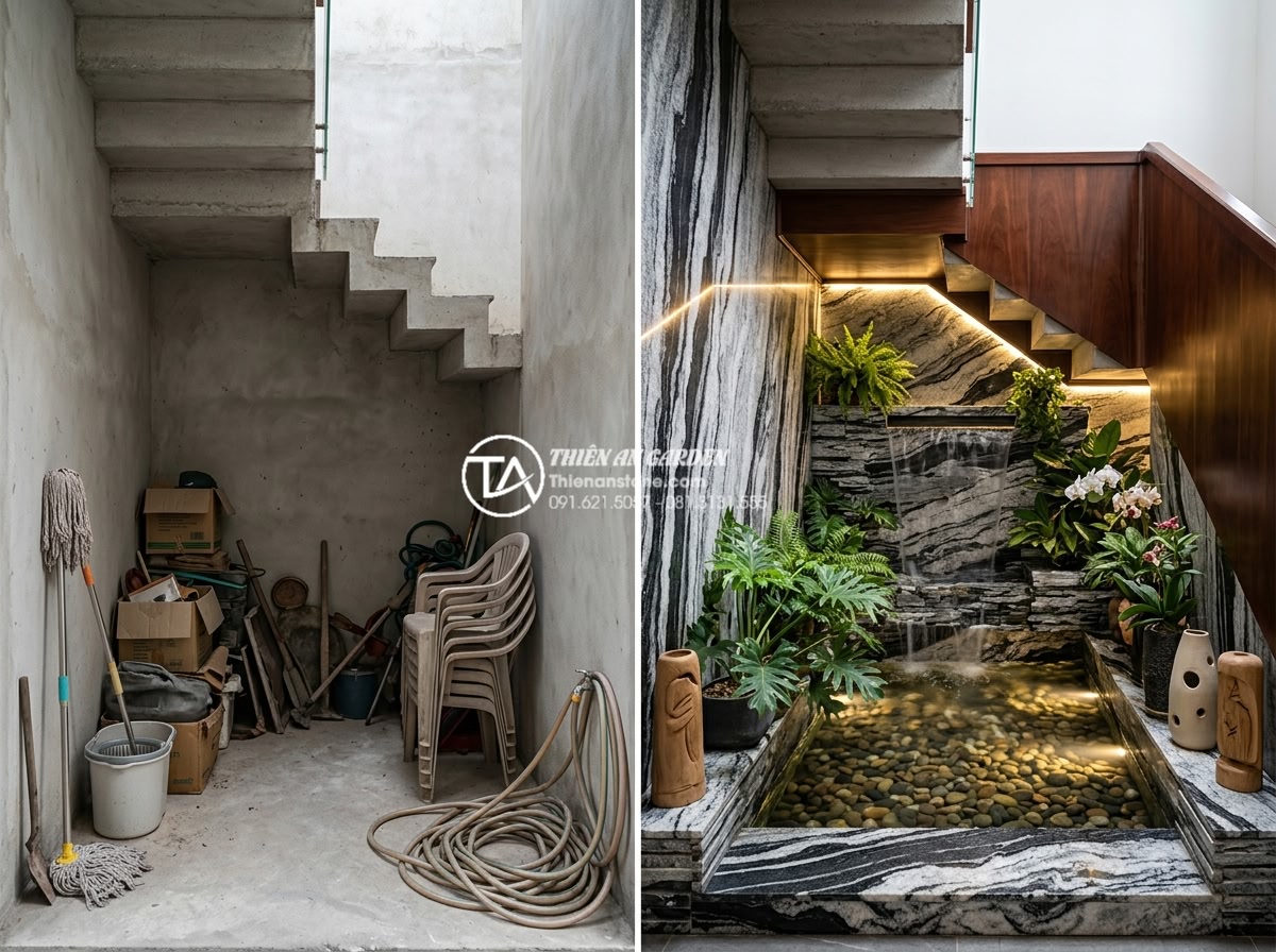 Cách thiết kế tiểu cảnh nước gầm cầu thang hóa giải 'điểm chết' trong kiến trúc - Hình 17 Cách thiết kế tiểu cảnh nước gầm cầu thang hóa giải 'điểm chết' trong kiến trúc - Before and after transformation of under-stair space into luxurious water featur