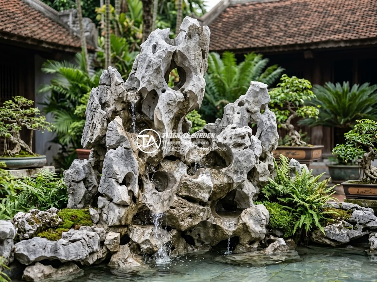 Cách tính toán trọng lượng tiểu cảnh treo tường để đảm bảo an toàn kết cấu - Hình 17 Cách tính toán trọng lượng tiểu cảnh treo tường để đảm bảo an toàn kết cấu - Elegant water feature wall with natural stone elements showing integrated water