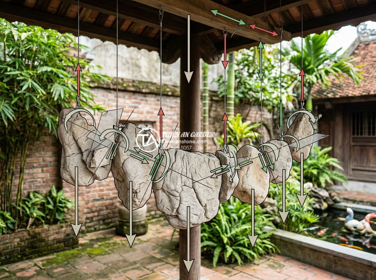 Cách tính toán trọng lượng tiểu cảnh treo tường để đảm bảo an toàn kết cấu - Hình 9 Cách tính toán trọng lượng tiểu cảnh treo tường để đảm bảo an toàn kết cấu - Vector force diagram showing gravity, shear forces, tension and moment calculati