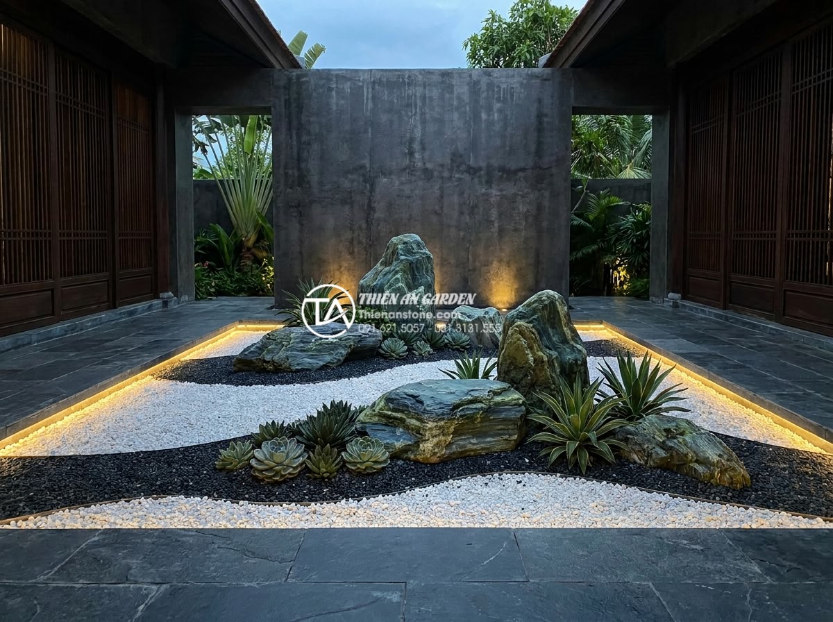 Cách tự tính toán chi phí làm tiểu cảnh khô sân vườn đơn giản nhất - Hình 1 Cách tự tính toán chi phí làm tiểu cảnh khô sân vườn đơn giản nhất - A breathtaking modern dry rock garden in a luxury Vietnamese villa courtyard fea