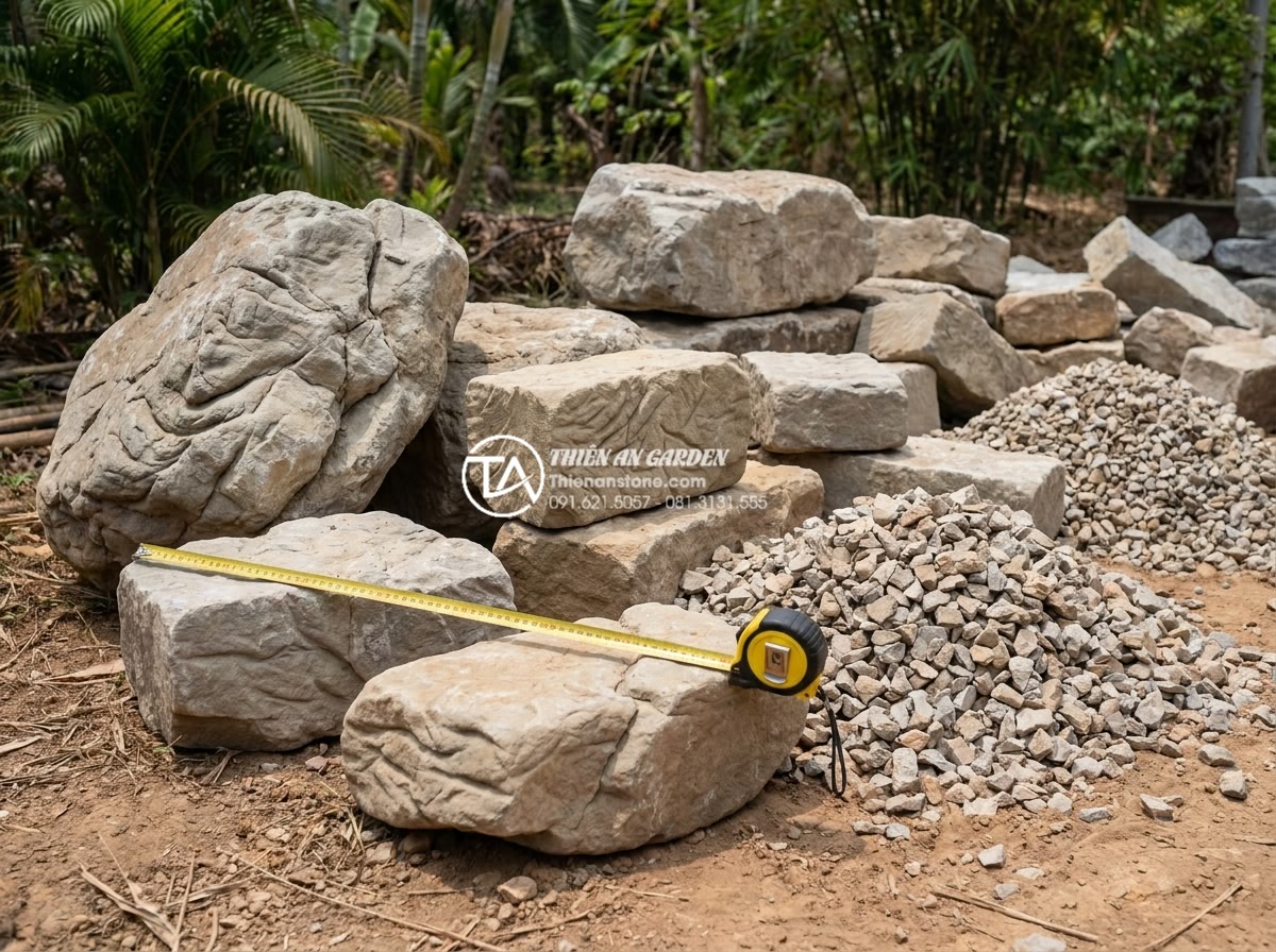 Cách tự tính toán chi phí làm tiểu cảnh khô sân vườn đơn giản nhất - Hình 4 Cách tự tính toán chi phí làm tiểu cảnh khô sân vườn đơn giản nhất - Various sizes and types of premium natural stones including large granite boulde