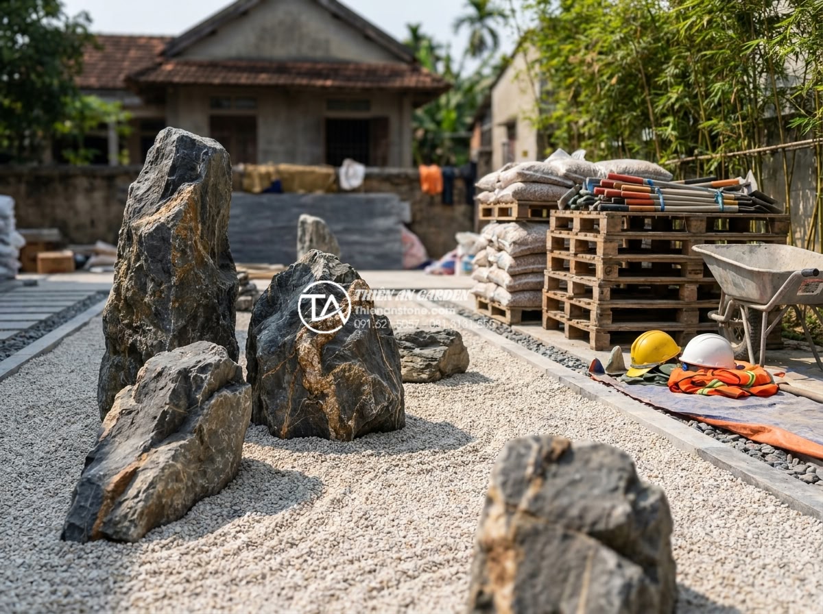 Cách tự tính toán chi phí làm tiểu cảnh khô sân vườn đơn giản nhất - Hình 6 Cách tự tính toán chi phí làm tiểu cảnh khô sân vườn đơn giản nhất - Team of professional workers carefully installing large natural stones and sprea