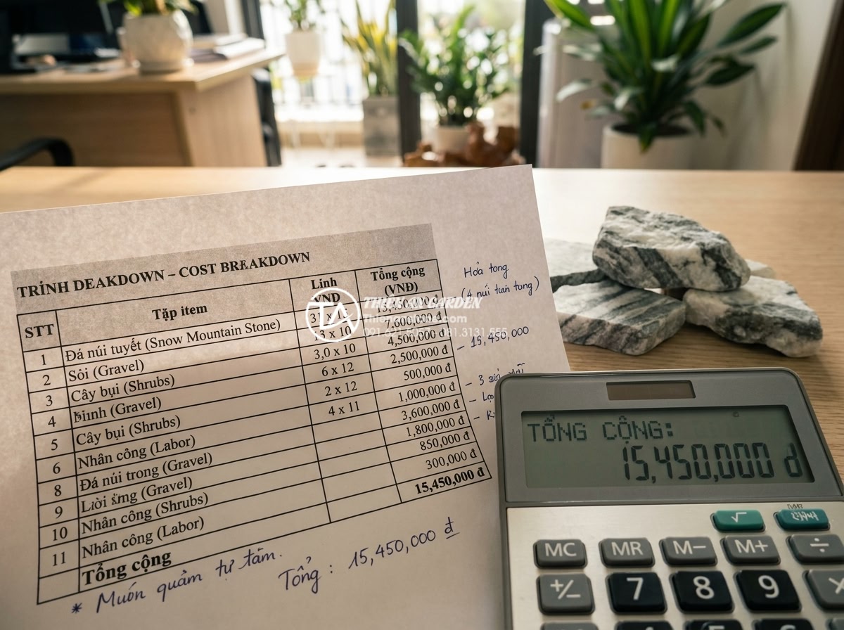 Cách tự tính toán chi phí làm tiểu cảnh khô sân vườn đơn giản nhất - Hình 7 Cách tự tính toán chi phí làm tiểu cảnh khô sân vườn đơn giản nhất - Professional cost breakdown table and calculator screen showing detailed budget