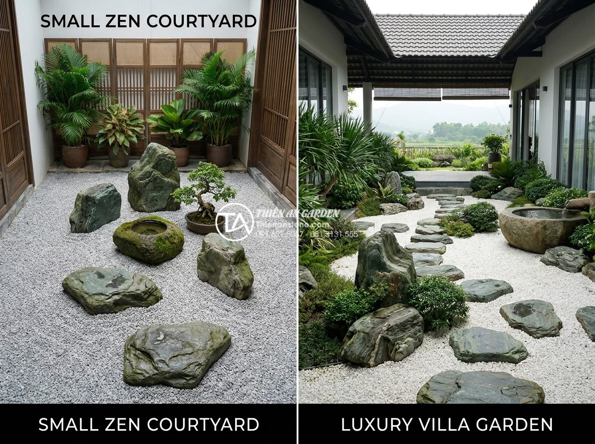 Cách tự tính toán chi phí làm tiểu cảnh khô sân vườn đơn giản nhất - Hình 8 Cách tự tính toán chi phí làm tiểu cảnh khô sân vườn đơn giản nhất - Side-by-side comparison of two completed dry garden projects showing small 15sqm
