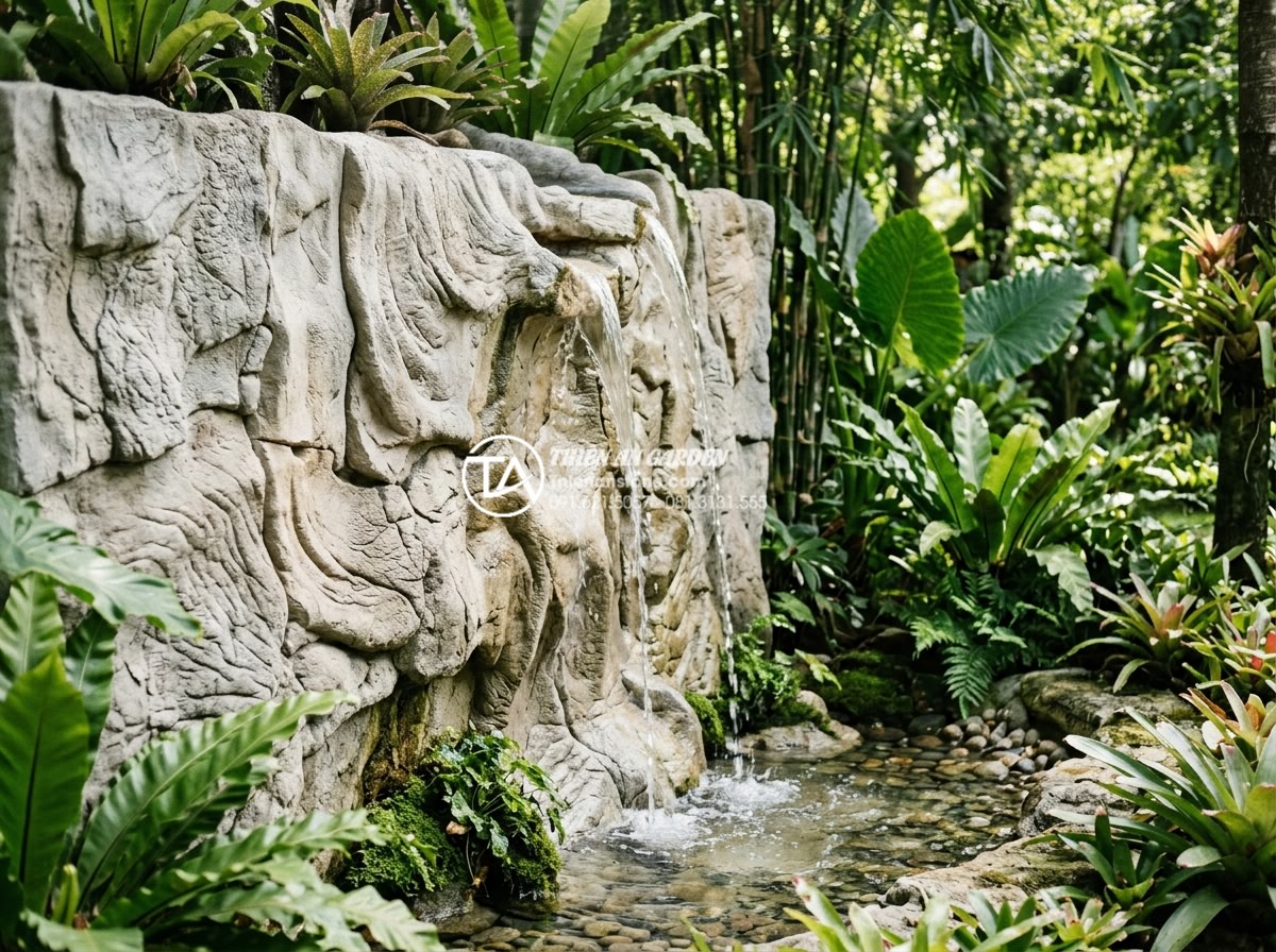 Cách xử lý rêu mốc và mùi hôi cho tiểu cảnh tường nước lâu ngày - Fresh clean flowing water in odor-free natural stone water feature wall after co