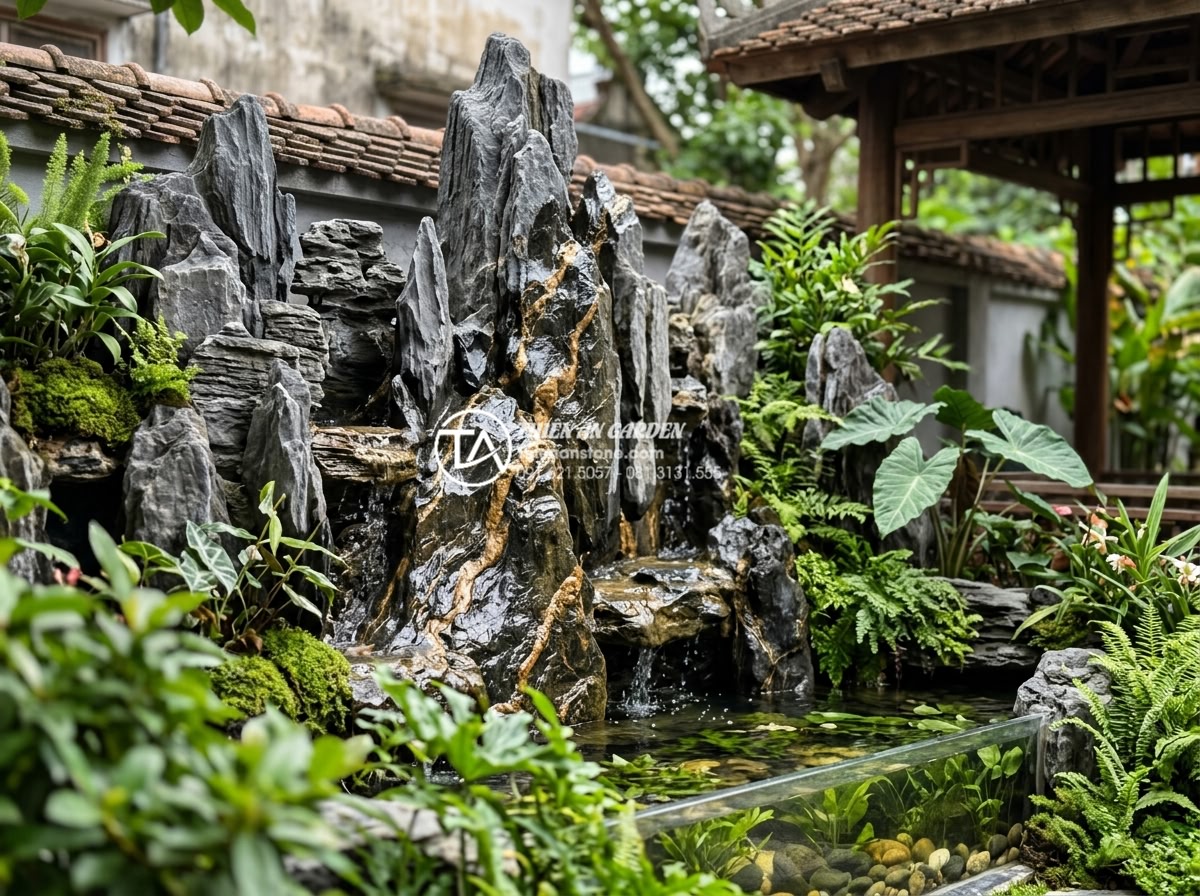 Cách xử lý rêu mốc và mùi hôi cho tiểu cảnh tường nước lâu ngày - Eco friendly maintained water feature wall using natural methods showing lush cl
