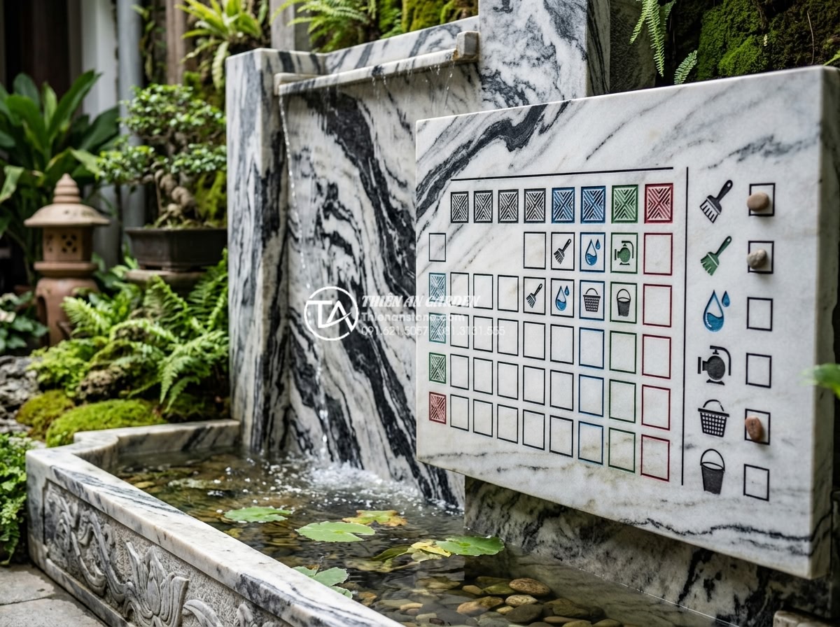 Cách xử lý rêu mốc và mùi hôi cho tiểu cảnh tường nước lâu ngày - Calendar and checklist for regular maintenance of water wall feature to prevent 