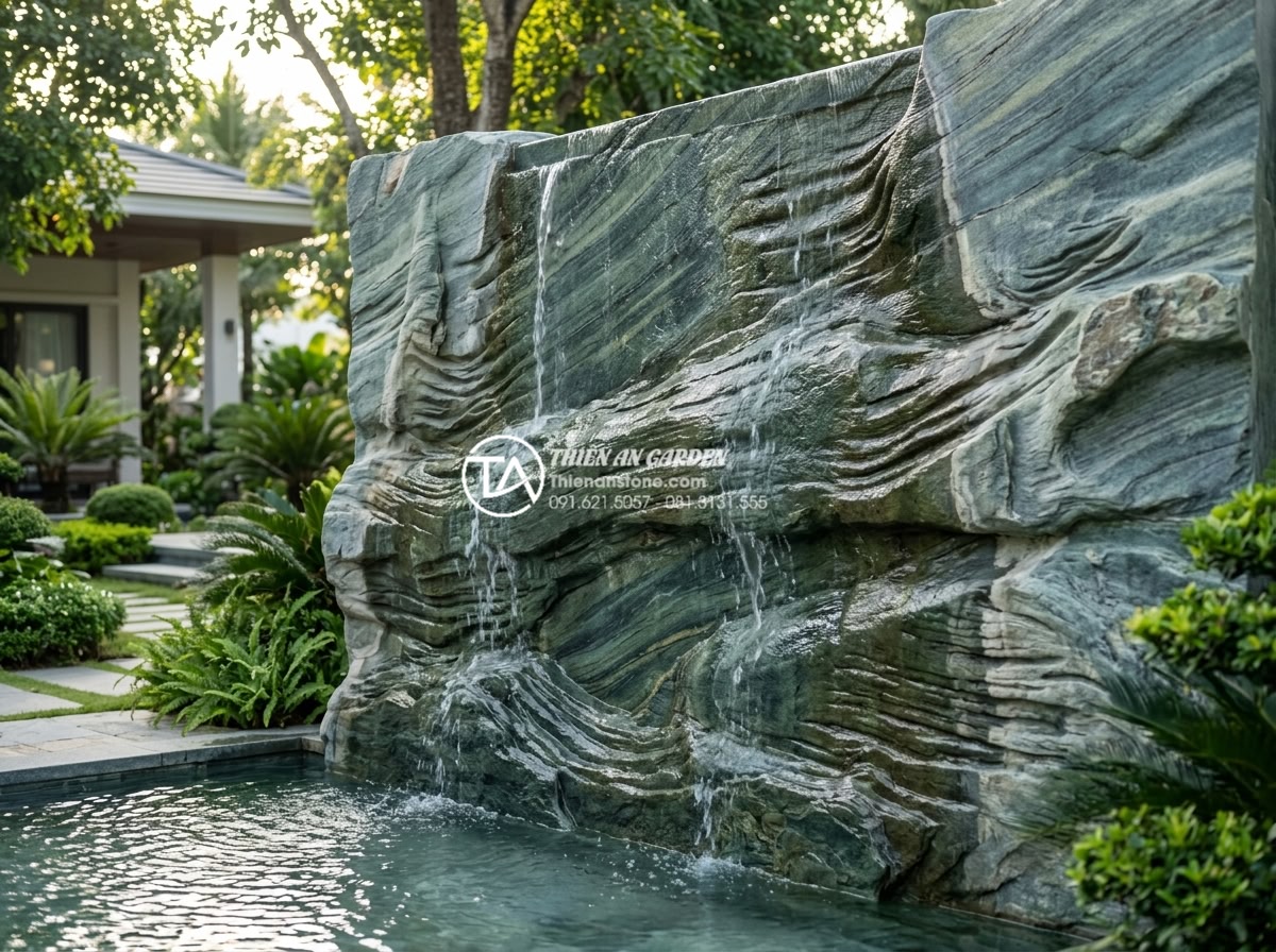 Cách xử lý rêu mốc và mùi hôi cho tiểu cảnh tường nước lâu ngày - Long term well maintained natural stone water wall without moss after regular cl