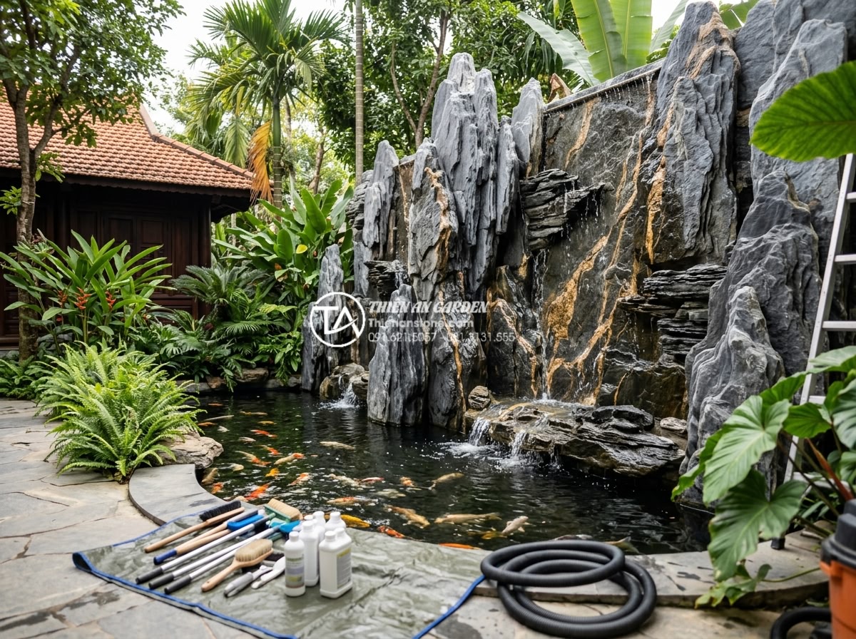 Cách xử lý rêu mốc và mùi hôi cho tiểu cảnh tường nước lâu ngày - Professional team from stone company maintaining luxury natural stone water wall