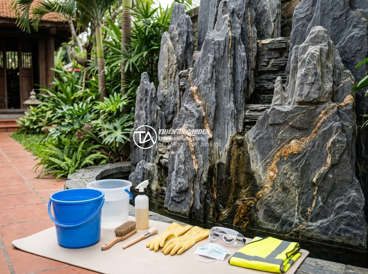 Cách xử lý rêu mốc và mùi hôi cho tiểu cảnh tường nước lâu ngày - Professional preparation setup for cleaning water wall feature showing tools lik