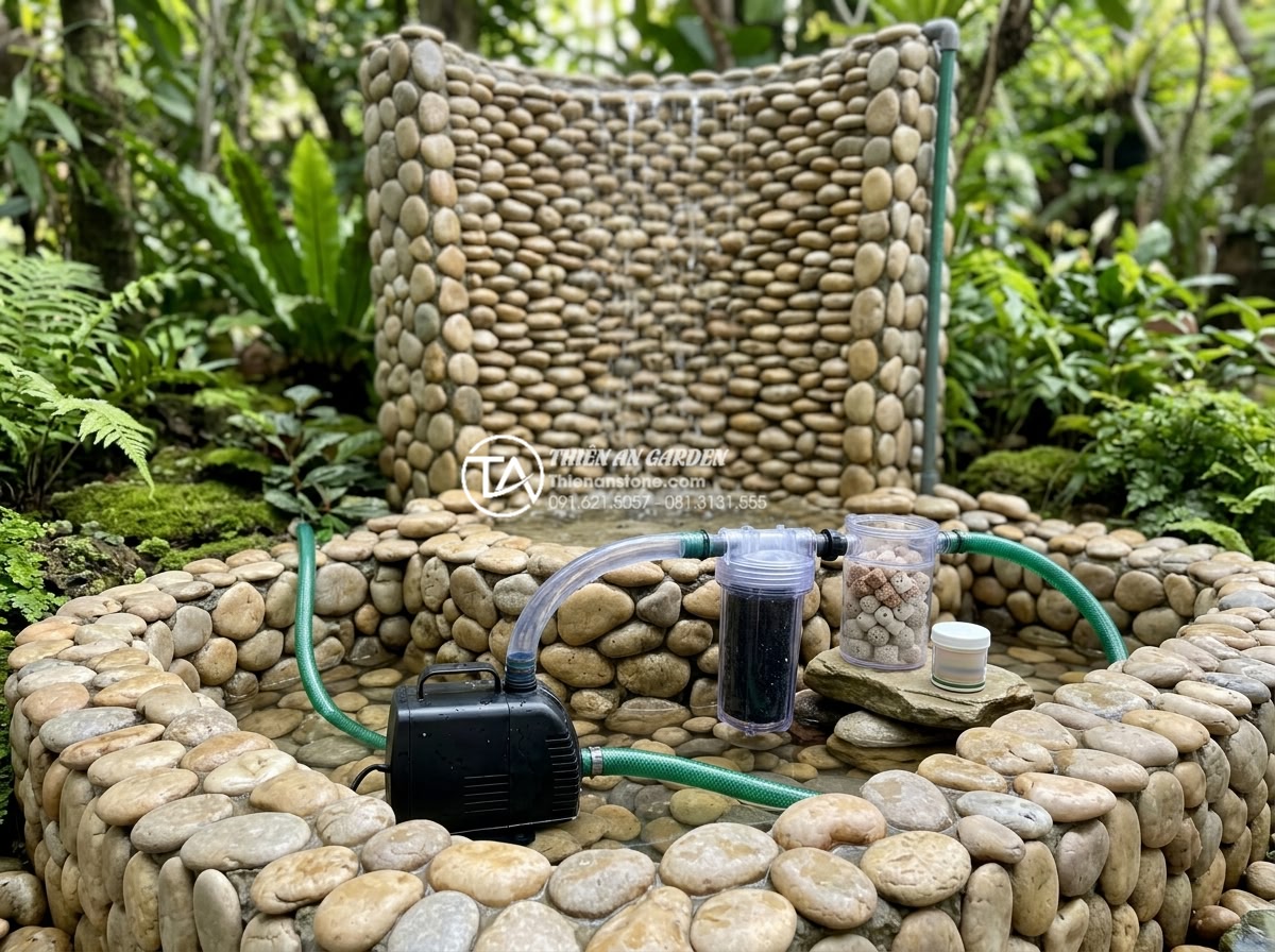 Cách xử lý rêu mốc và mùi hôi cho tiểu cảnh tường nước lâu ngày - Detailed view of cleaning pump and pipes to remove odor from water wall feature 