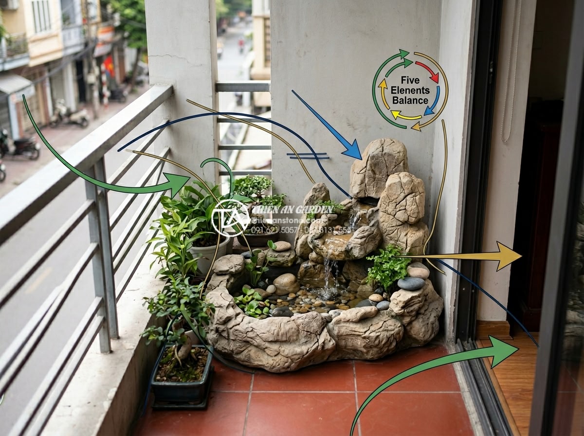 Case Study: Biến ban công 2m2 thành không gian thư giãn với tiểu cảnh nước chảy - Detailed Feng Shui diagram overlaid on real photo of the 2m2 balcony project, il