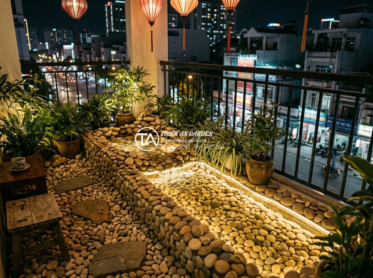 Case Study: Biến ban công 2m2 thành không gian thư giãn với tiểu cảnh nước chảy - Inspirational final lifestyle image of the transformed tiny balcony at night wit