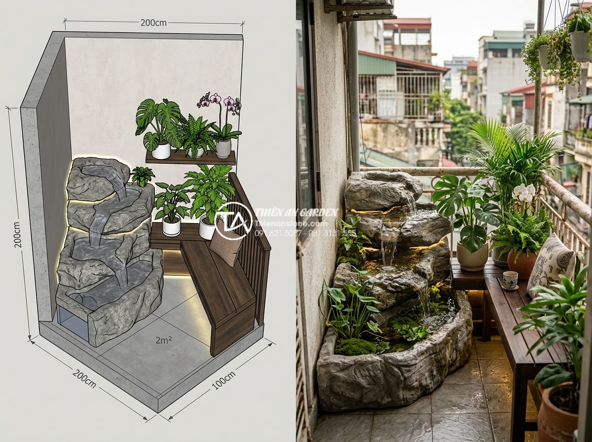 Case Study: Biến ban công 2m2 thành không gian thư giãn với tiểu cảnh nước chảy - Architectural 3D rendering and real-life photo of the optimized flowing water ro