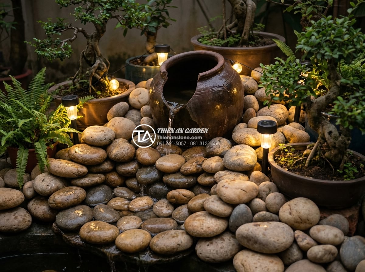 Case Study: Cải tạo góc chết sân vườn thành tiểu cảnh chum vỡ chỉ với 2 triệu đồng - Artistic rendering of creative broken jar water feature design in small garden c