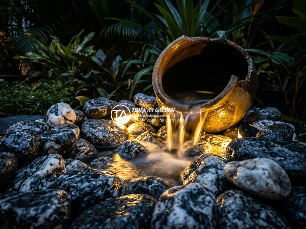 Case Study: Cải tạo góc chết sân vườn thành tiểu cảnh chum vỡ chỉ với 2 triệu đồng - Nighttime realistic photo of illuminated broken jar water feature in small Vietn