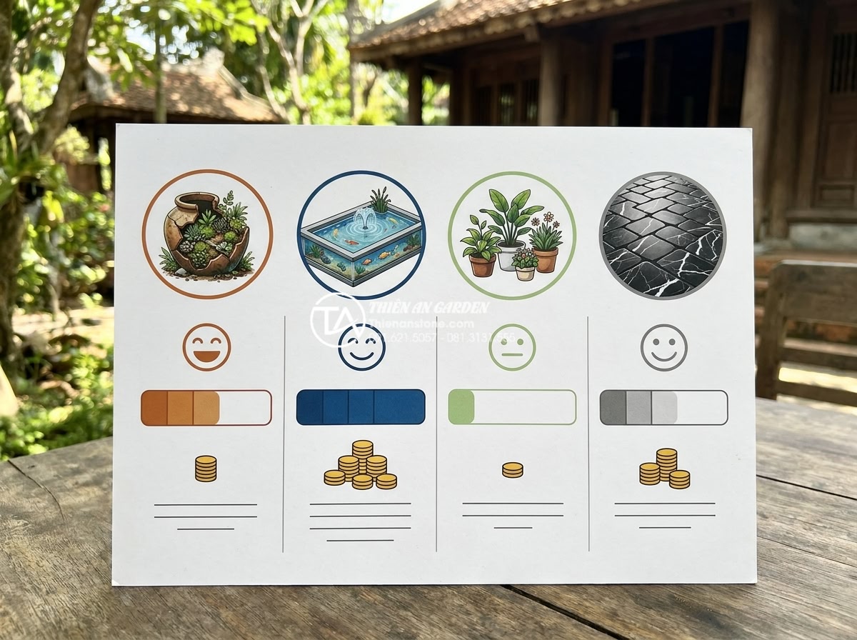 Case Study: Cải tạo góc chết sân vườn thành tiểu cảnh chum vỡ chỉ với 2 triệu đồng - Comparison infographic showing 4 different garden renovation options with cost b