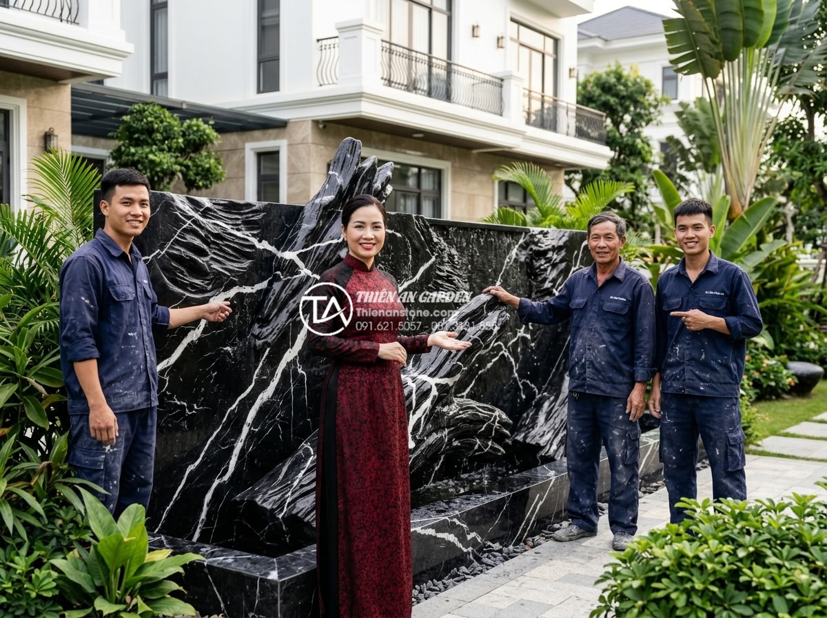 Case Study: Cải tạo mảng tường trống thành siêu phẩm tiểu cảnh nước tại Vinhomes - Professional team photo of Đá Cảnh Thiên An experts at the Vinhomes project site