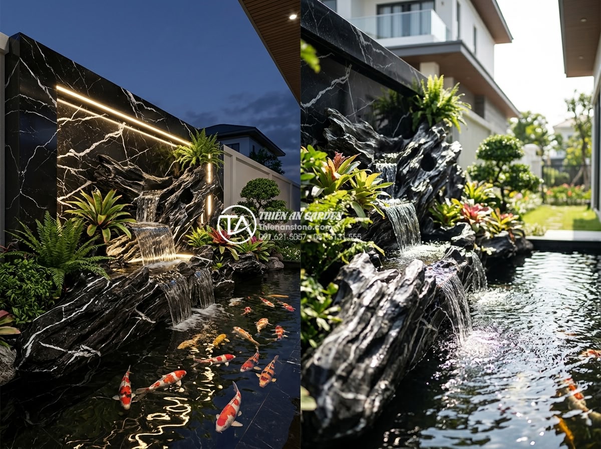 Case Study: Cải tạo mảng tường trống thành siêu phẩm tiểu cảnh nước tại Vinhomes - 3D rendering and real photo comparison of the water wall design concept for Vinh