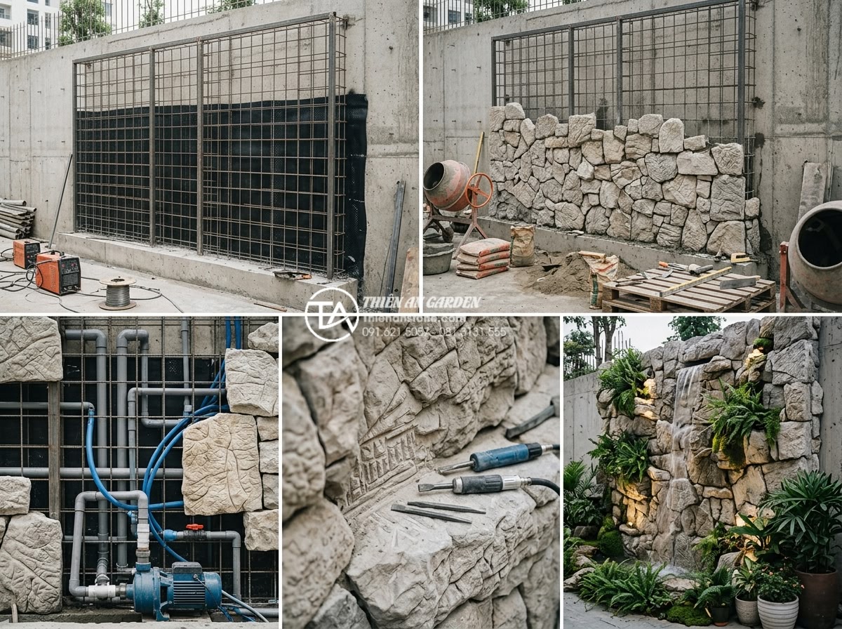 Case Study: Cải tạo mảng tường trống thành siêu phẩm tiểu cảnh nước tại Vinhomes - Step-by-step construction process photo collage of the Vinhomes water wall proje