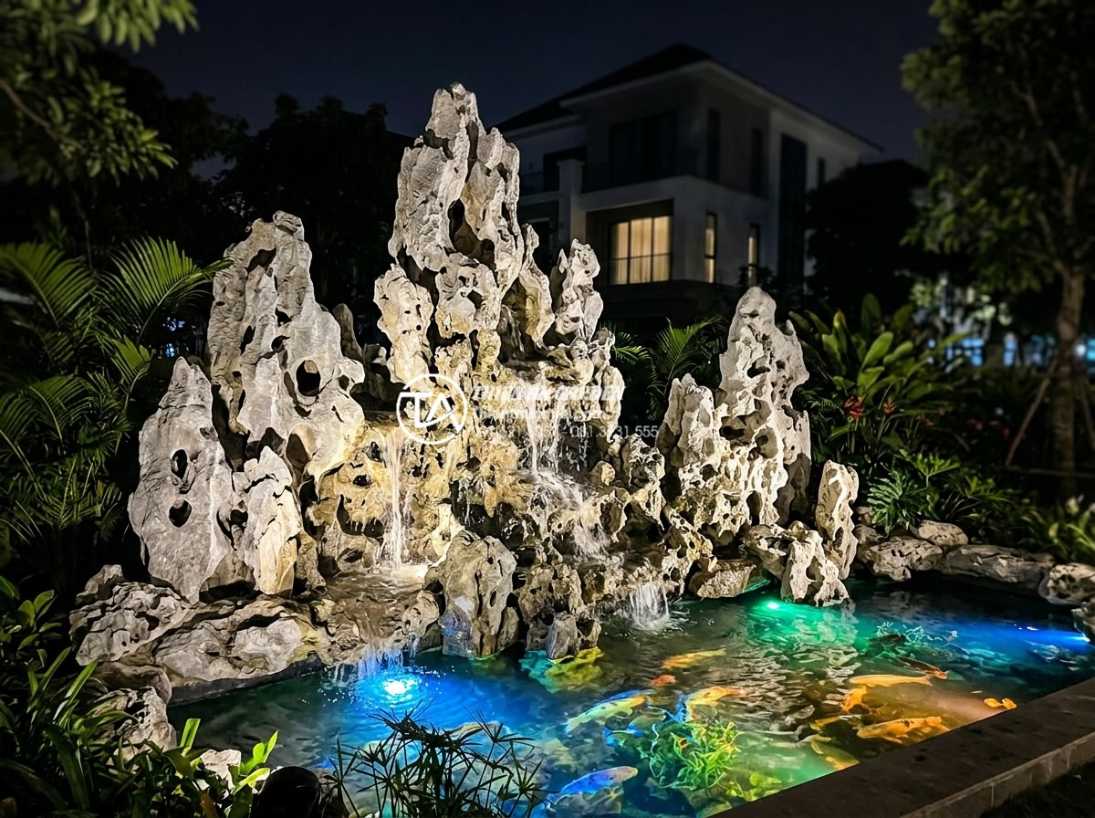Case Study: Cải tạo mảng tường trống thành siêu phẩm tiểu cảnh nước tại Vinhomes - Nighttime photograph of the completed Vinhomes water feature wall with dramatic 