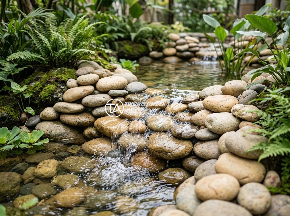 Checklist 10 bước bảo trì tiểu cảnh nước sân vườn luôn hoạt động trơn tru - Detailed close-up view of a well-maintained natural stone water feature in a Vie