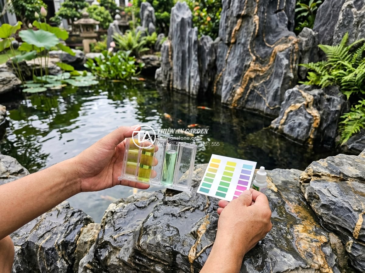 Checklist 10 bước bảo trì tiểu cảnh nước sân vườn luôn hoạt động trơn tru - Hands holding professional water testing kit with color charts next to garden po