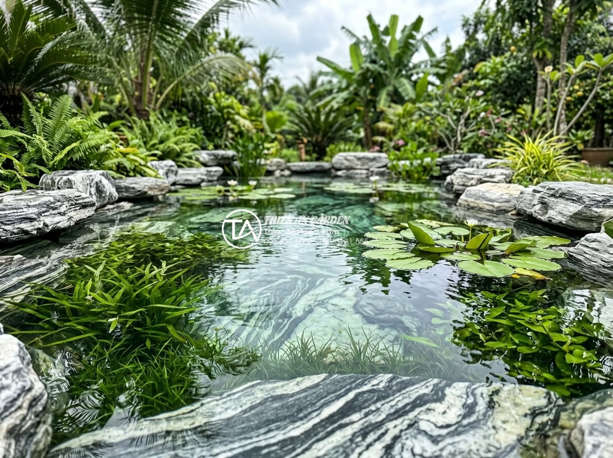 Checklist 10 bước bảo trì tiểu cảnh nước sân vườn luôn hoạt động trơn tru - Crystal clear pond water with visible natural stone bottom and healthy aquatic p