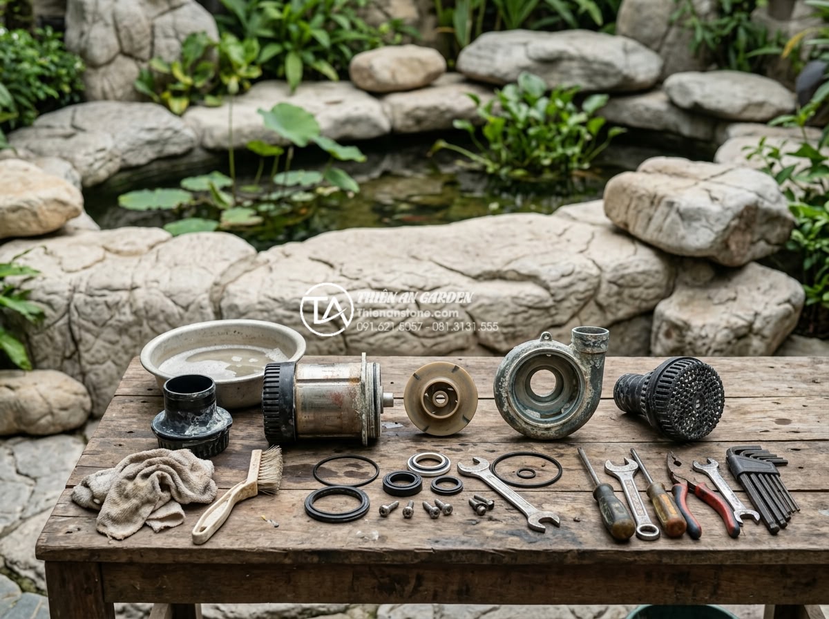 Checklist 10 bước bảo trì tiểu cảnh nước sân vườn luôn hoạt động trơn tru - Detailed view of disassembled submersible water pump being cleaned and maintaine