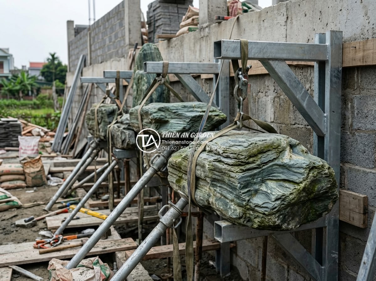 Checklist 10 món đồ phụ kiện không thể thiếu cho tiểu cảnh vách tường đẹp - Hình 18 Checklist 10 món đồ phụ kiện không thể thiếu cho tiểu cảnh vách tường đẹp - Professional wall brackets and support structures during installation of heavy s