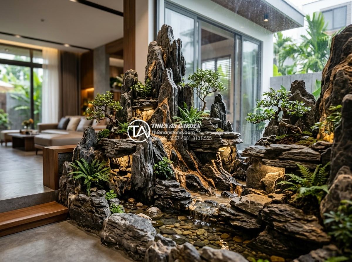 Checklist 10 món đồ phụ kiện không thể thiếu cho tiểu cảnh vách tường đẹp - Hình 2 Checklist 10 món đồ phụ kiện không thể thiếu cho tiểu cảnh vách tường đẹp - Wide angle shot of beautifully designed stone wall miniature garden featuring la