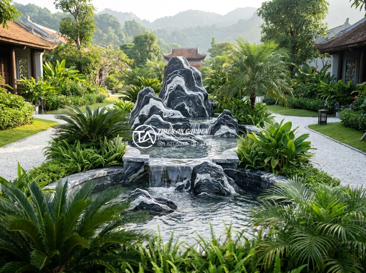 Checklist 7 bước bảo trì định kỳ cho hệ thống tiểu cảnh chum vại ngoài trời - Hình 5 Checklist 7 bước bảo trì định kỳ cho hệ thống tiểu cảnh chum vại ngoài trời - Scenic overview of a perfectly maintained outdoor garden surrounding a large nat