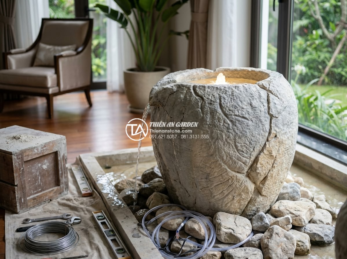 Có nên đặt tiểu cảnh chum nước trong phòng khách? Ưu và nhược điểm - Professional team from Thien An Stone installing a custom natural stone water ja