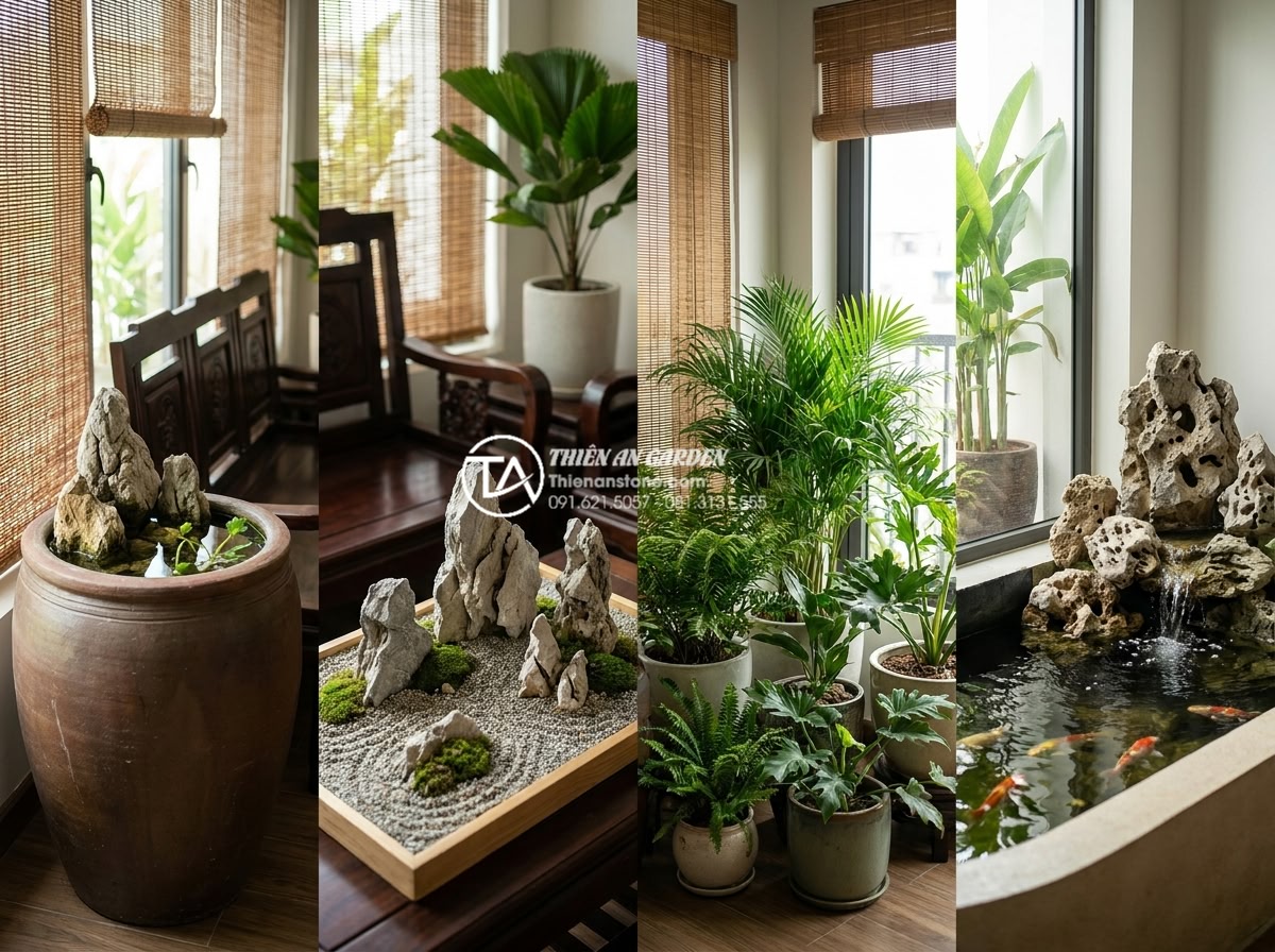 Có nên đặt tiểu cảnh chum nước trong phòng khách? Ưu và nhược điểm - Comparison infographic style image showing four different indoor landscape types