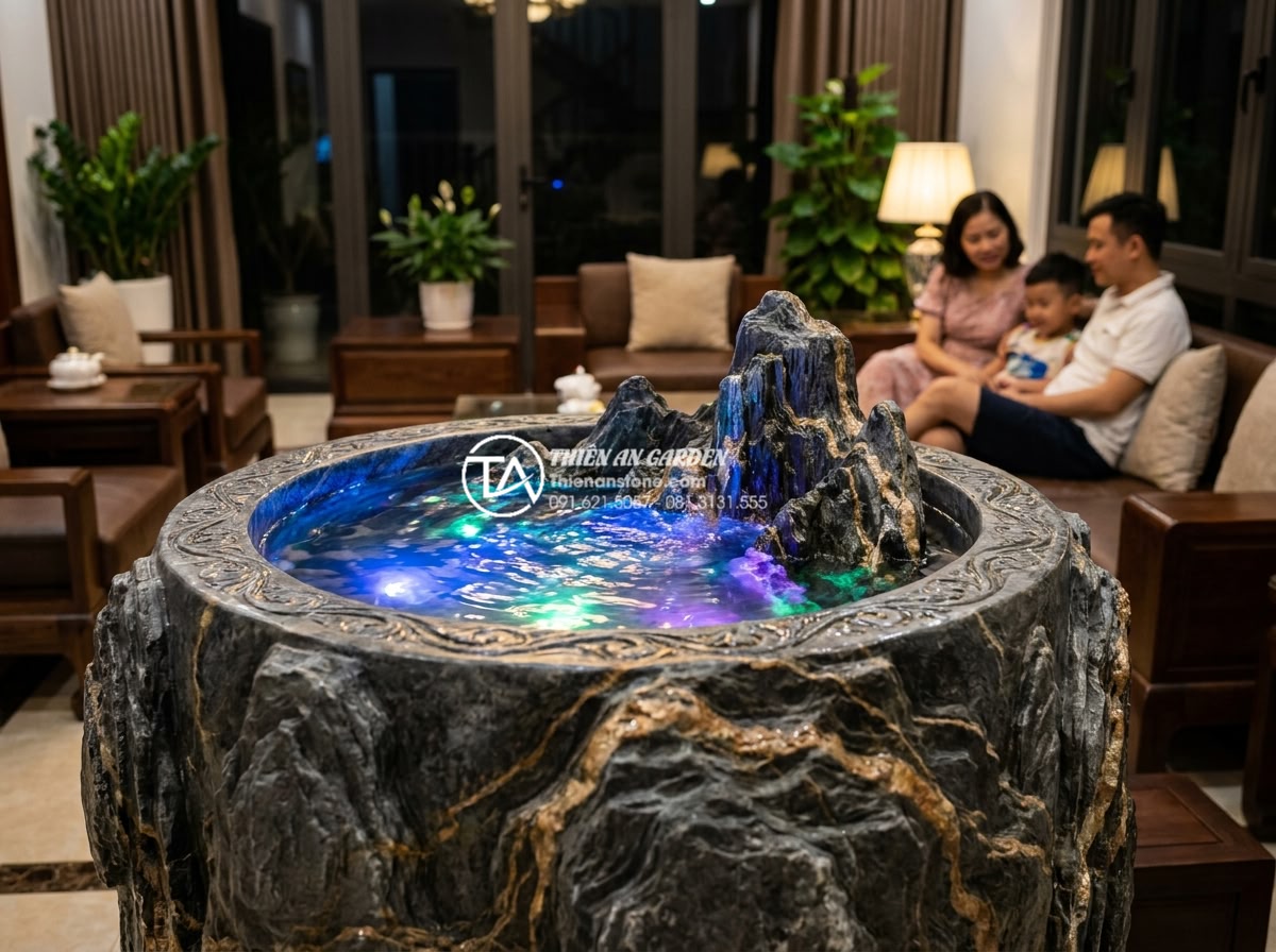 Có nên đặt tiểu cảnh chum nước trong phòng khách? Ưu và nhược điểm - Real life completed project photo of a stunning natural stone water jar in a hig