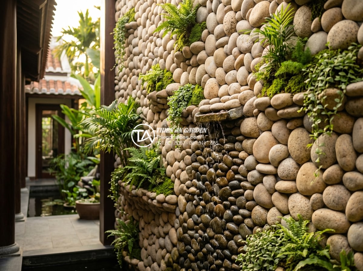 Có nên làm tiểu cảnh vách tường giả (cây giả, đá nhựa) thay vì đồ thật? - Modern vertical garden wall with natural stone, real green plants, small waterfa