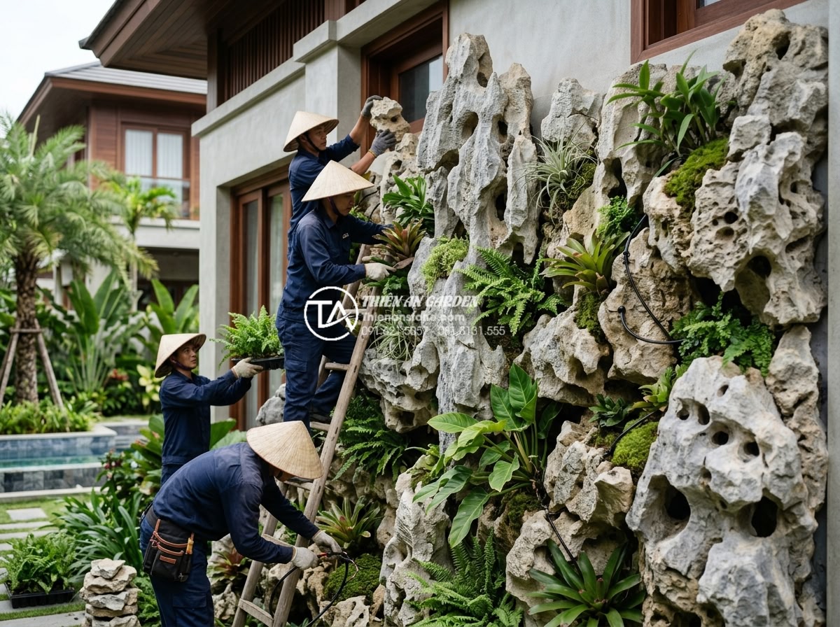 Có nên làm tiểu cảnh vách tường giả (cây giả, đá nhựa) thay vì đồ thật? - Professional team installing natural stone vertical garden with automatic irriga