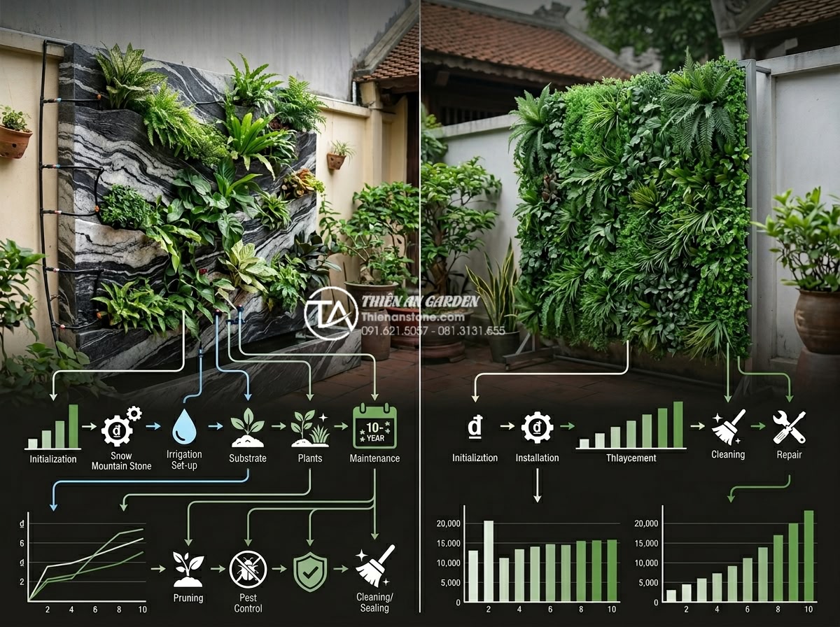Có nên làm tiểu cảnh vách tường giả (cây giả, đá nhựa) thay vì đồ thật? - Detailed cost breakdown infographic comparing natural stone vertical garden vers